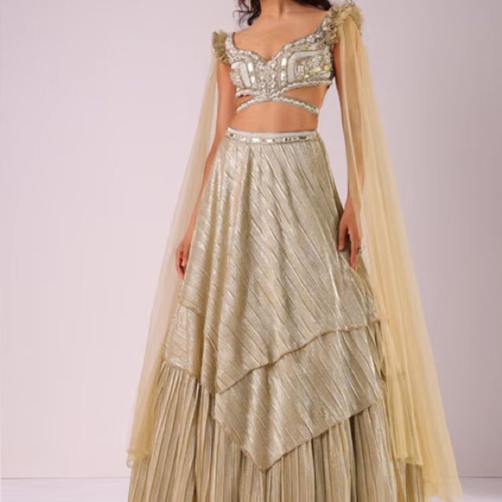 Kalki Glam Gold Lehenga Set In Foil Knit Fabric With Embroidered Top